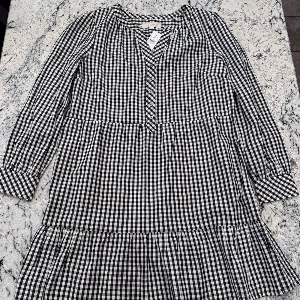 LOFT Black & Cream Gingham Tiered Mini Dress- size large - Picture 7 of 9